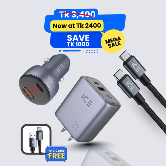 Power Charger 20W + Car Charger 48W + Type-C + FREE A-C Cable